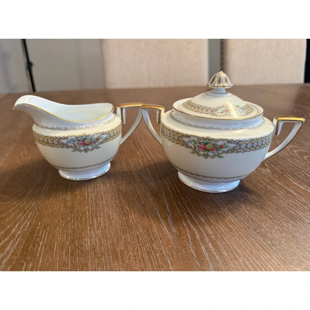 Noritake China Rodista 590 Creamer and Lidded Sugar Bowl Set Vintage Japan Gold